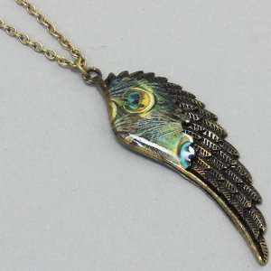   Necklace Leaf   Peacock Feather  Angel Wings   with Gold & Green