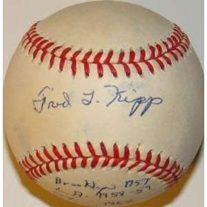 Fred Kipp Autographed Baseball   Inscribed AL   Autographed Baseballs
