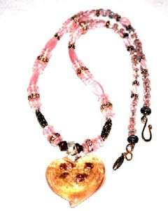 Peony Necklace with a Murano Heart Pendant and Swarovski Crystals 