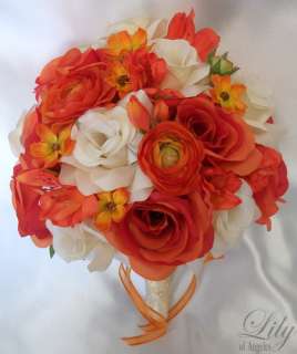 17 pcs Wedding Bridal Bouquet Flower Round ORANGE IVORY  