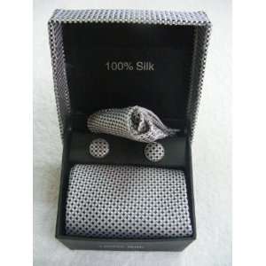 100% Thai Silk Necktie (Gift Set)  Black, Gray and Silver Triple Mini 