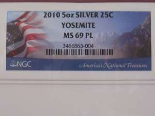 2010 America The Beautiful 5 oz YOSEMITE .999 Silver NGC MS 69 Proof 