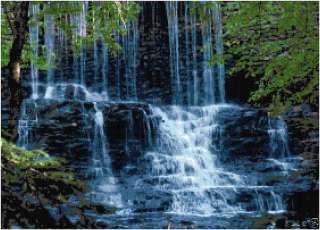Waterfall Amidst the Trees Counted Cross Stitch Pattern Design Chart 