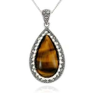   Silver Marcasite and Tigers Eye Tear Drop Pendant, 18 Jewelry
