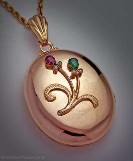 Dated 1880 Large Antique Russian Gold Locket, Ruby, Emerald + Chain 