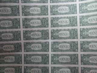 Uncut sheet of 32 United States of America Federal Reserve Notes $1.00 