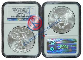 2012 (W) American Silver Eagle $1 NGC MS70 MS 70 Early Releases (Blue 