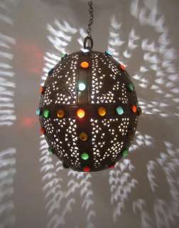 unique handcrafted jeweled hanging lamp made of oxidized heavy brass 