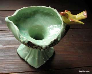 McCOY Yellow Bird on Birdbath PLANTER Vase Vintage Green Pottery Art 