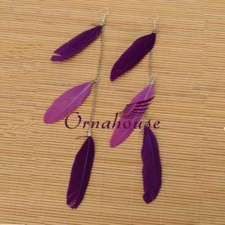 New Purple Colors Chicken Feather Earrings Silver Plated Dangle Drop 