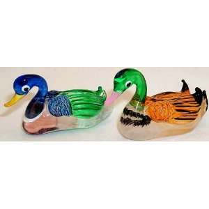  Duck Pair, Mallard type, Large size glass figurine, 2 pcs 