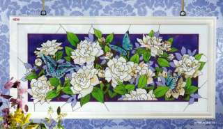 new art glass window panel white gardenias with blue butterflies