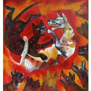  Dogs Fighting Painting~Canvas~Bali Art