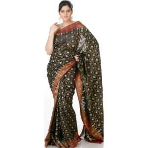 Black Jamdani Sari from Banaras with All Over Floral Weave   Pure Silk 