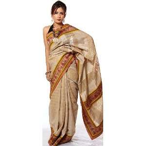  Beige Handwoven Sari from Banaras with Applique Paisley 