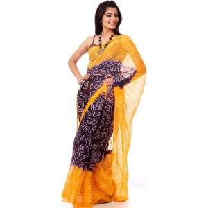  Purple and Yellow Bandhani Tie Dye Sari from Gujarat 