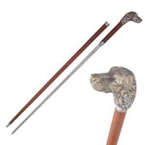   Silver Plated Gun Dog Pommel Sword Cane Rosewood