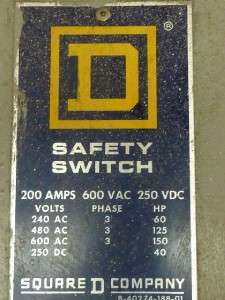Square D Safety Switch HU 364 AWK 200 Amp Ser D4 #28327  