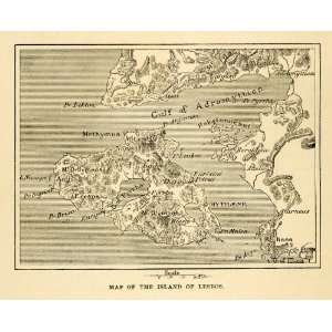 1890 Wood Engraving Map Island Lesbos Gulf Adramyttion Pyrrha Greece 