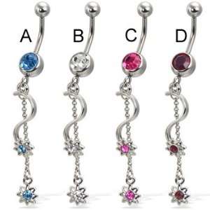 Belly button ring with small jeweled stars on wine and chain, pink   C