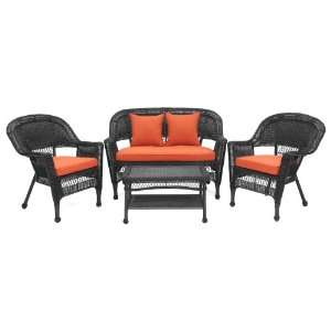  4pc Black Wicker Conversation Set   Red Orange Cushions 