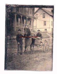 TINTYPE PHOTO OF 2 MEN HORSE & WAGON IN TOWN BUILDINGS  