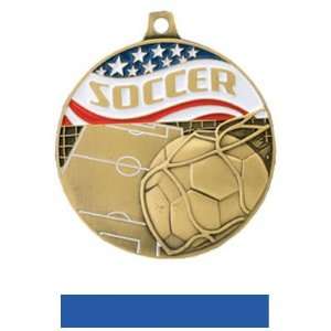   Custom Soccer Medals GOLD MEDAL/BLUE RIBBON 2.25
