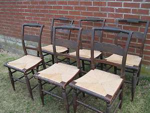   PRIMITIVE HITCHCOCK CHAIRS RARE SET OF 6 RUSH SEATS BEE HIVE STENCIL