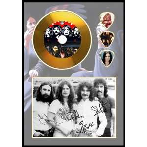 Black Sabbath Gold Disc & Guitar Picks, Signed A4 Sized 