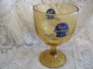 Vintage Blue Amber Paneled Glass Pabst Blue Ribbon Beer Goblet 