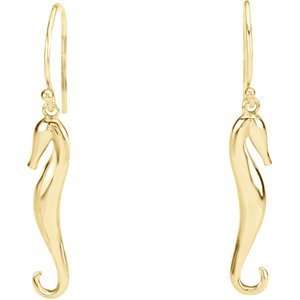  14K Solid Yellow Gold Seahorse Dangle Earring Jewelry