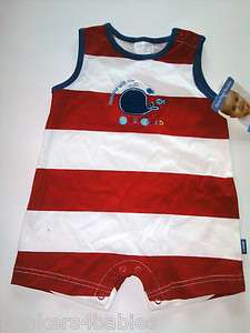 NWT Boys Swimming With The BIG FISH Blue Red Striped ROMPER Onesie 3 6 