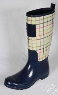COACH Pearl Tattersall Print Ivory / Navy Rubber Rainboots Rain Boots 