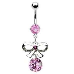  Pink Bow Tie CZ Belly Navel Ring Prong Set Button Piercing 