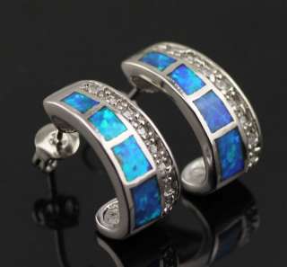 OE134 Blue Fire Opal CZ Woman Gemstone Silver Stud Earrings  