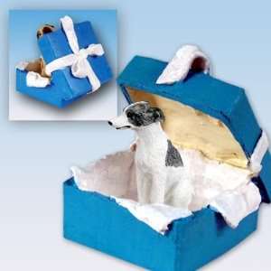   Blue Gift Box Dog Ornament   Gray & White 