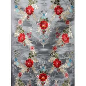  Gray Brocade Fabric with Woven Roses by Hand   Pure Silk 