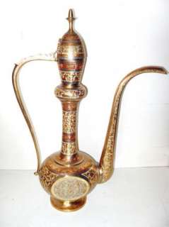   Persian Safavid Ewer Brass Hand Painted Inlay Pitcher Water Jug  