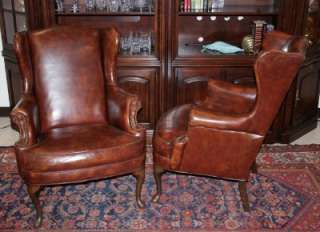 SUPER Pair Vintage Brown Leather Wing Back Arm Chairs w Queen Anne 