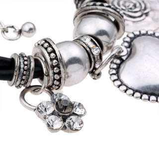 Leather Chain Tibetan Silver Bracelet W/ Sparkling CZ  