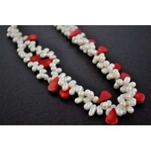  White Freshwater Pearl Beads & Red Coral Necklace Office 