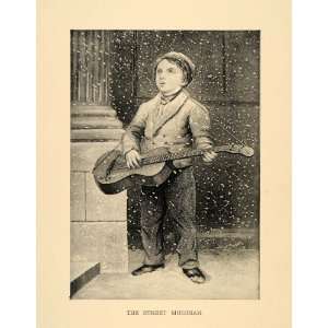  1894 Print Child Boy Guitar Music Street Musician Snow 