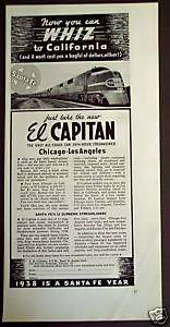 1938 Santa Fe Railroad Train EL CAPITAN vintage ad  