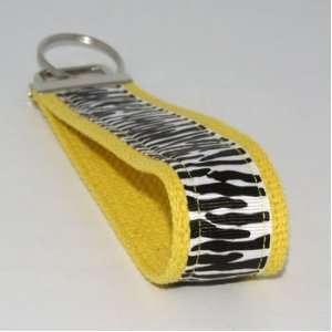  White Zebra Print 6   Yellow   Fabric Keychain Key Fob Ring 
