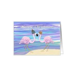  2 Flamingos in Knitted Hats Christmas Card Health 
