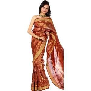 Rust and Maroon Sambhalpuri Tissue Sari with Ikat Weave All Over and 