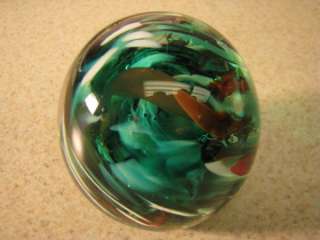 Kerry Glass Green Multi Color Swirl Paperweight Hand Made in Ireland 