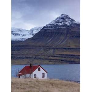  Roofed House and Snow Capped Mountains in Reydarfjordur Fjord, East 