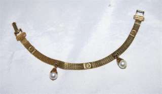 Vintage Flexible Gold Mesh Bracelet & 2 Hanging Pearls  