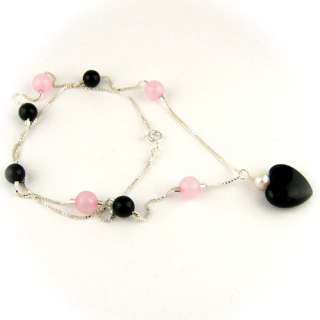 Rose Quartz Black Onyx Heart Sterling Silver Box Chain Necklace n1328 